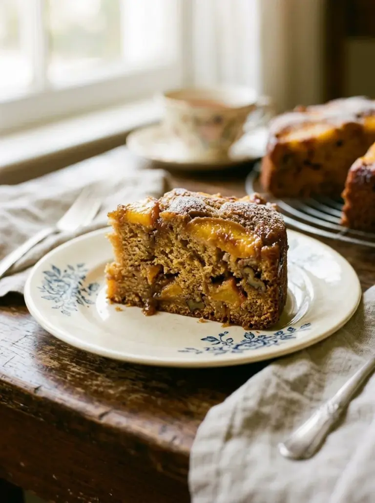 Irresistibly moist Brown Sugar Peach Cake with fresh peaches and rich flavor