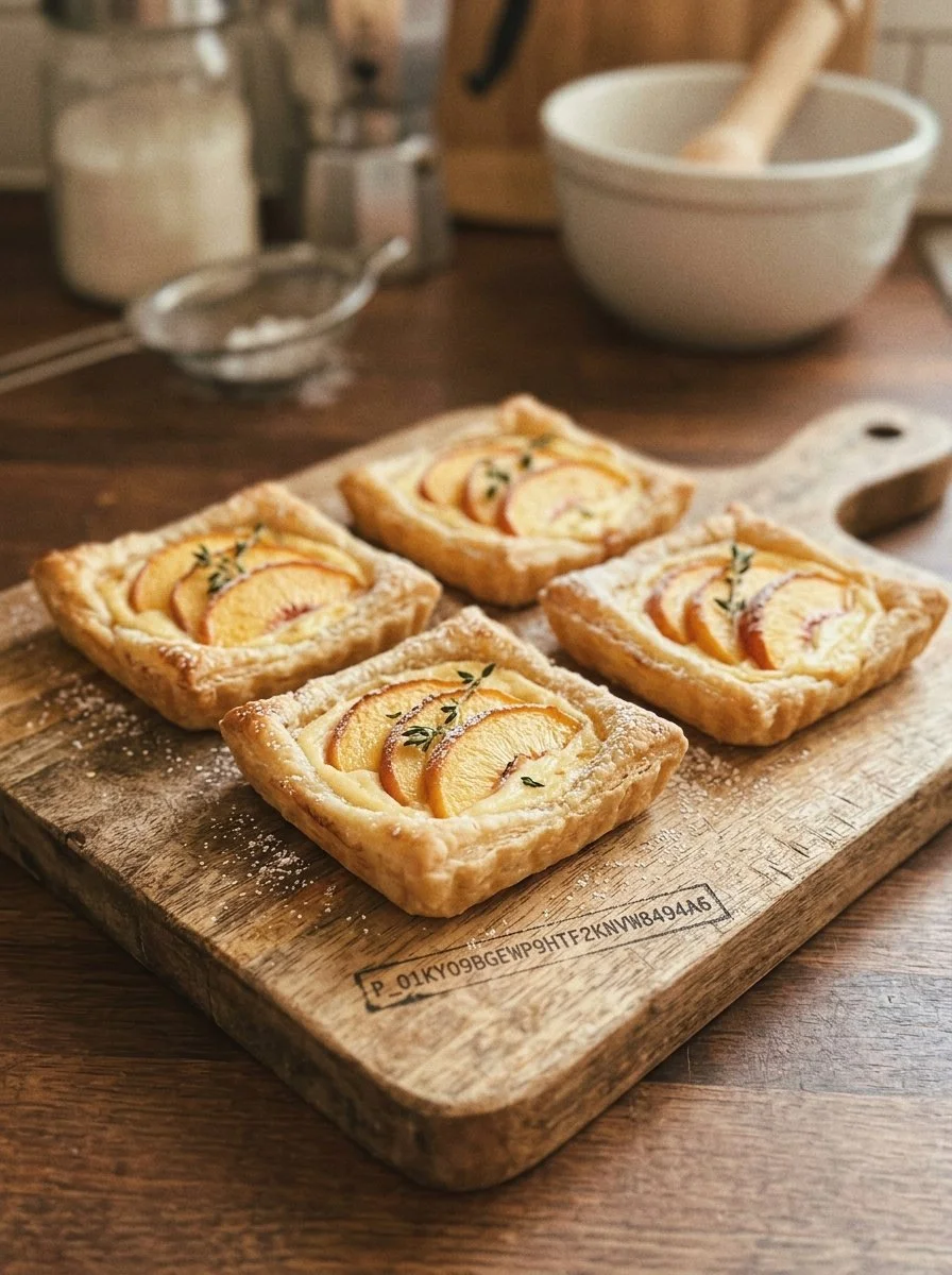 Mini peach and cream cheese tarts on a white plate, delicious summer desserts