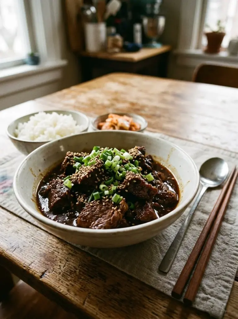Delicious slow cooker Korean beef topped with green onions and sesame seeds