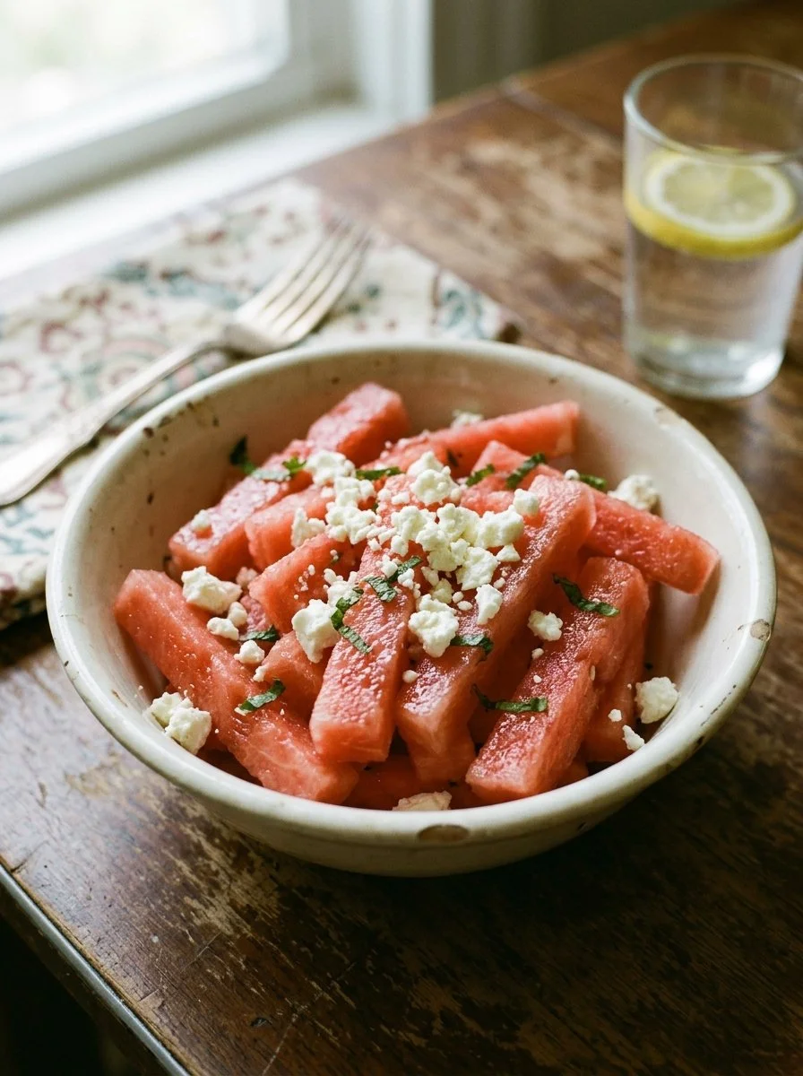 Juicy watermelon fries with feta cheese on a plate, a refreshing summer snack.