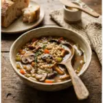 Bowl of hearty Mushroom Barley Soup garnished with fresh herbs