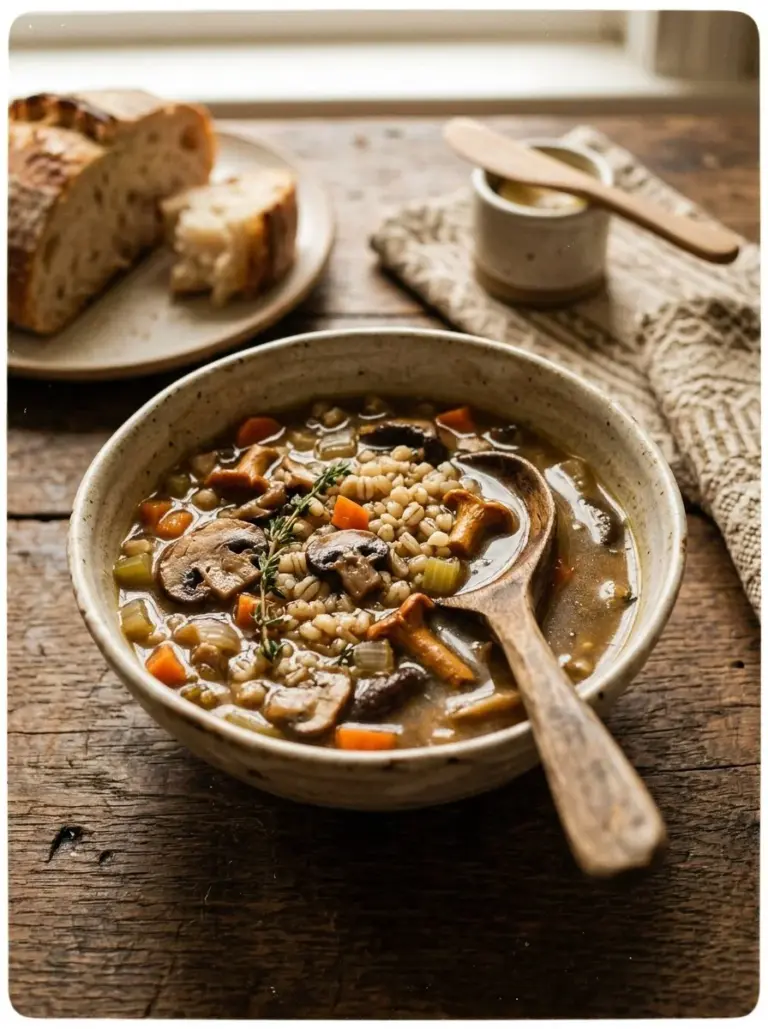 Bowl of hearty Mushroom Barley Soup garnished with fresh herbs