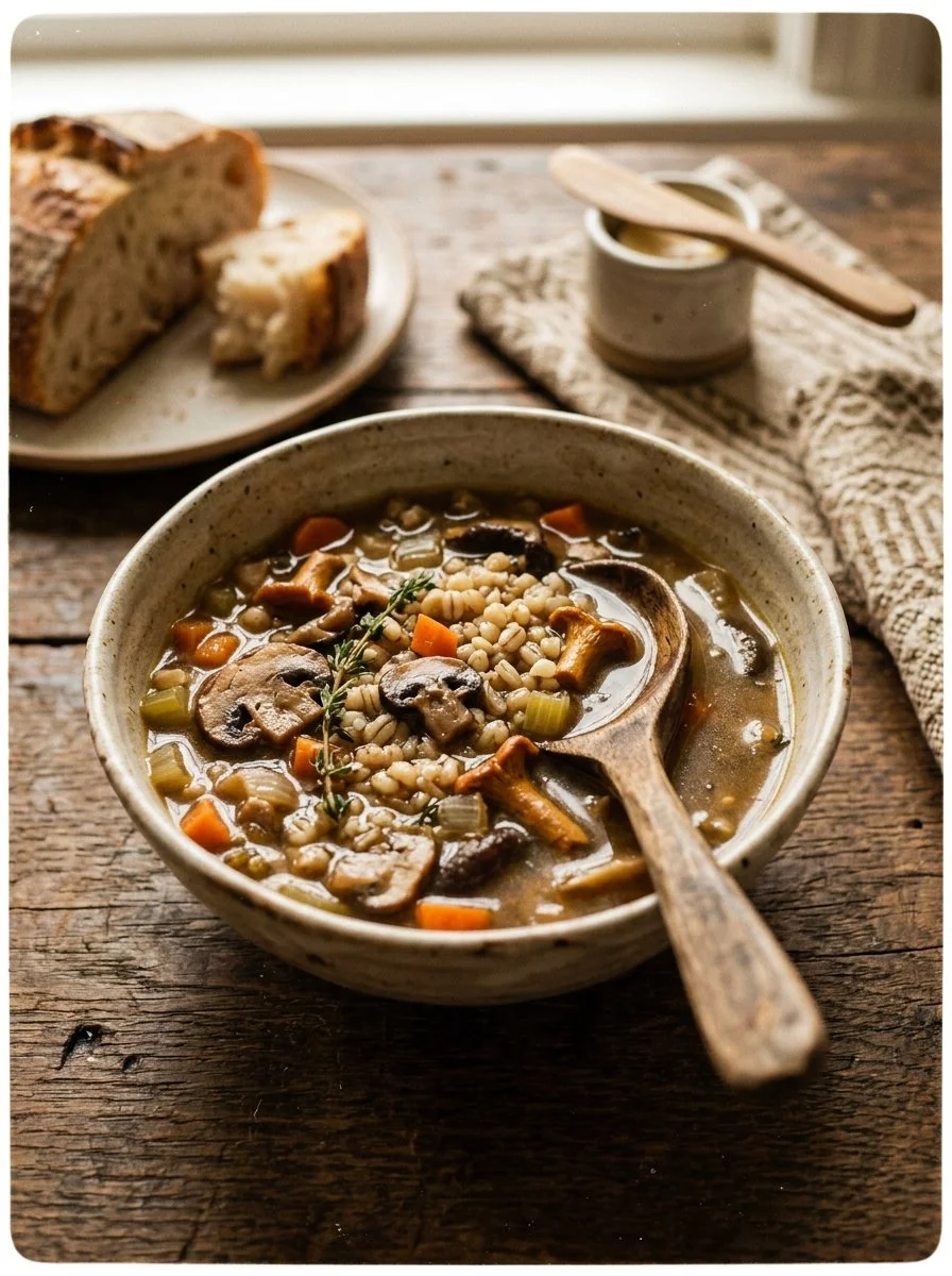 Bowl of hearty Mushroom Barley Soup garnished with fresh herbs