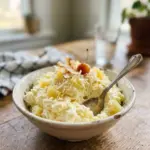 Delicious Pina Colada Fluff dessert topped with pineapple and coconut.