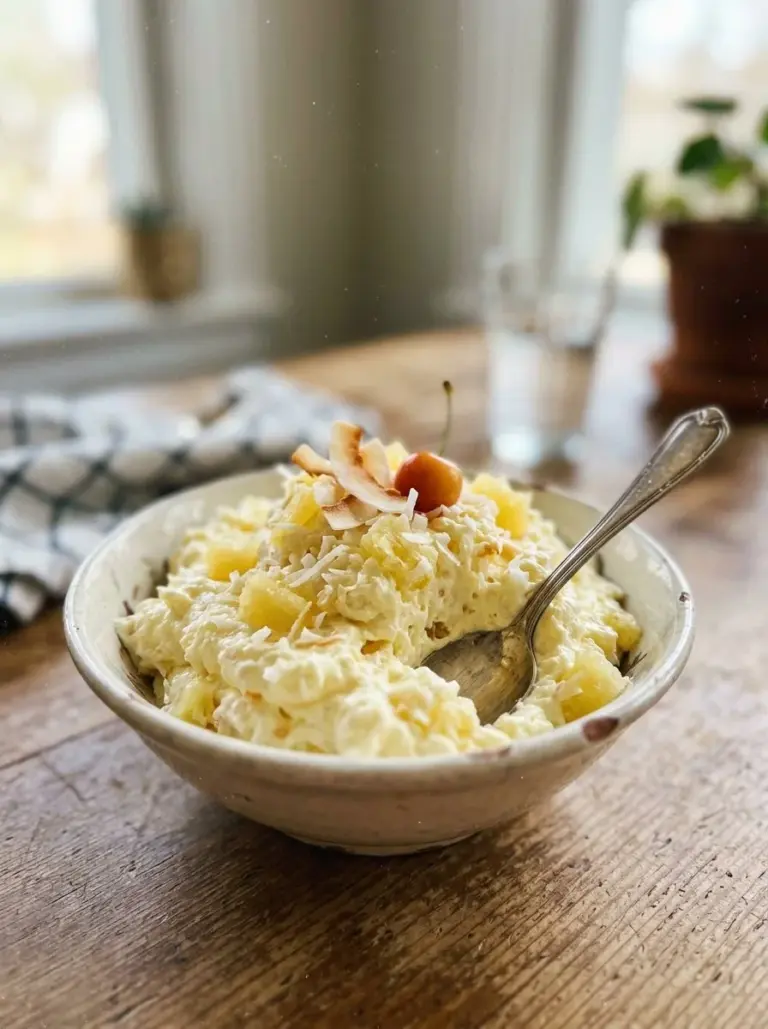 Delicious Pina Colada Fluff dessert topped with pineapple and coconut.