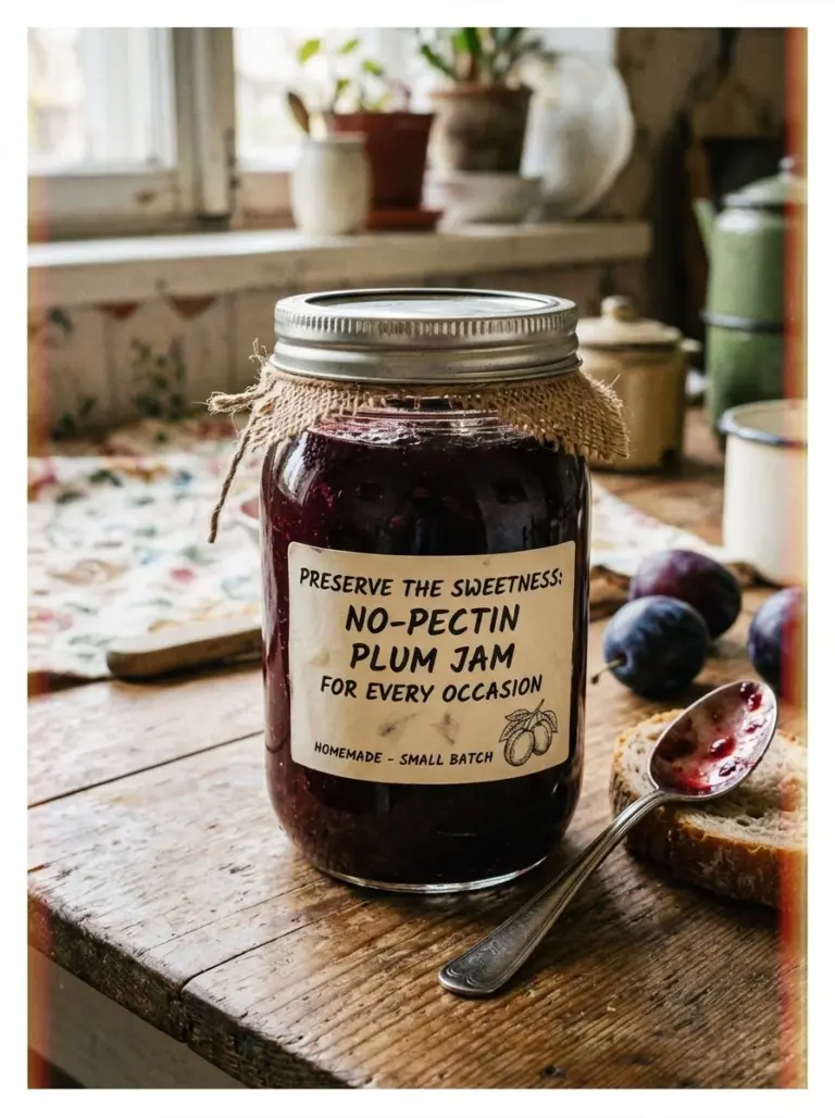Delicious homemade no-pectin plum jam in a jar, ready for serving.