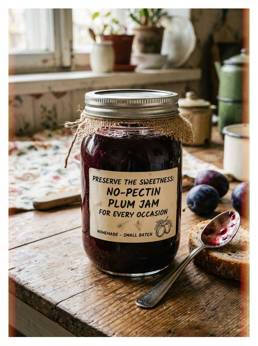 Delicious homemade no-pectin plum jam in a jar, ready for serving.