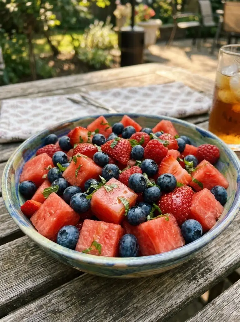 Refreshing berry watermelon salad served in a bowl, ideal for summer picnics