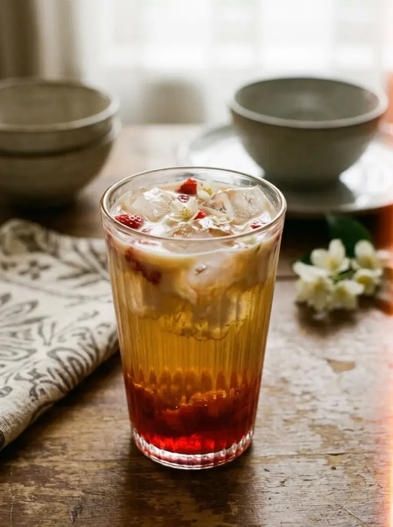 Refreshing Jasmine Tea Latte with strawberry syrup in a clear glass
