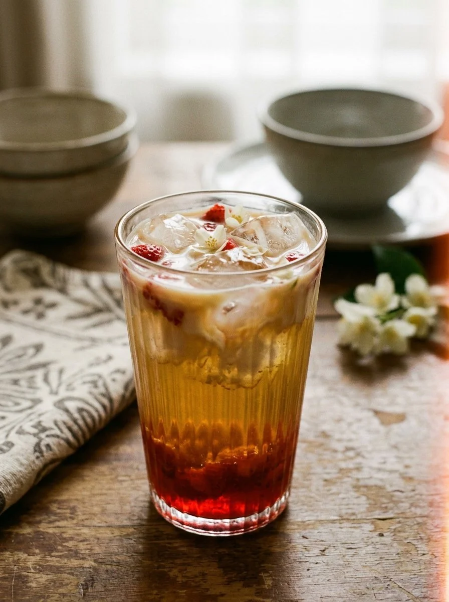 Refreshing Jasmine Tea Latte with strawberry syrup in a clear glass