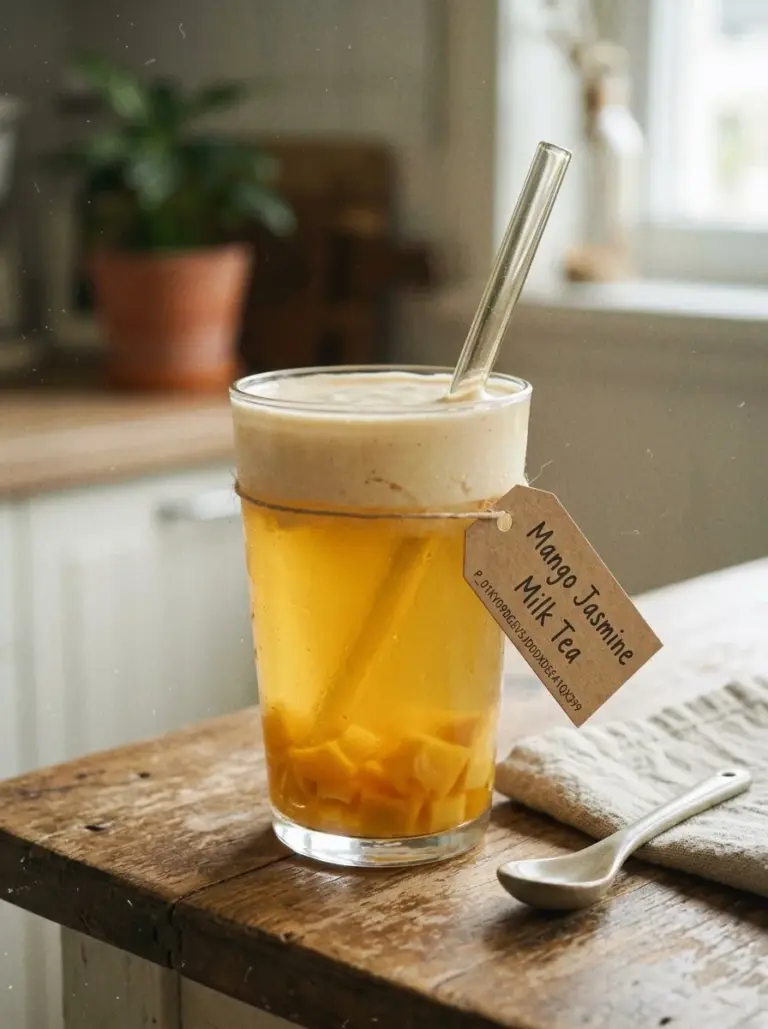 A refreshing cup of Mango Jasmine Milk Tea garnished with fresh mango slices.