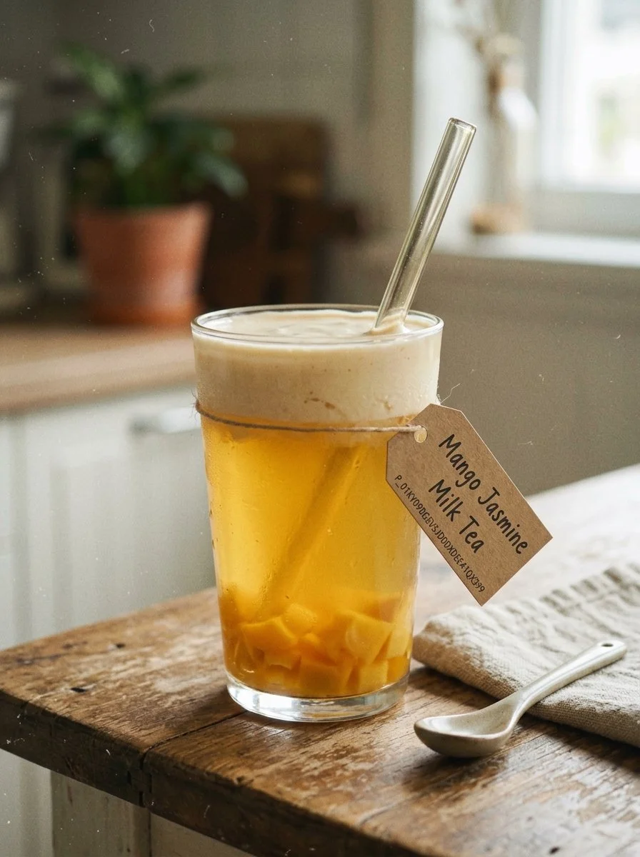 A refreshing cup of Mango Jasmine Milk Tea garnished with fresh mango slices.