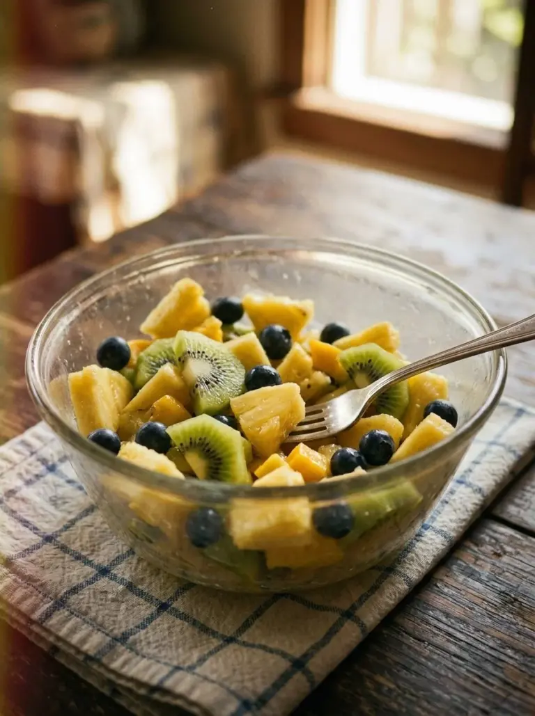 Delicious and colorful Pineapple Kiwi Salad in a bowl, perfect for refreshing summer meals.