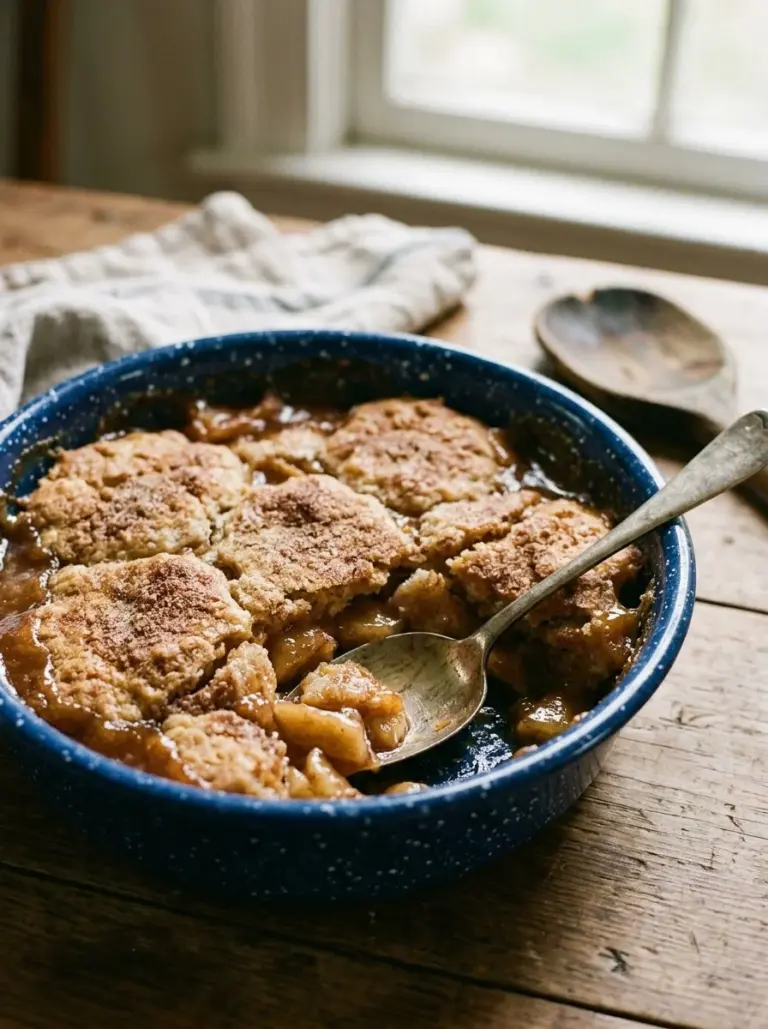 Delicious apple cobbler with a golden crust and sweet apple filling.