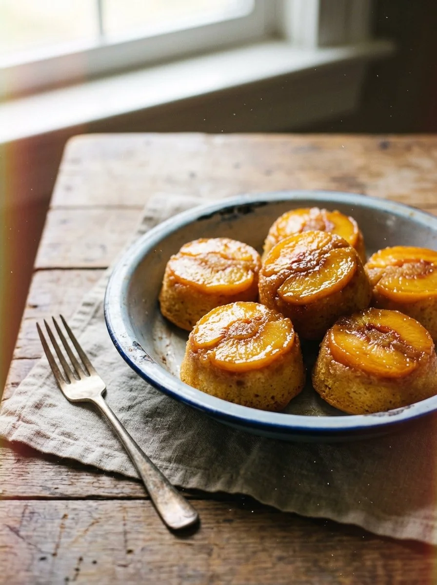 Fresh peach mini upside down cakes on a plate, a sweet summer dessert