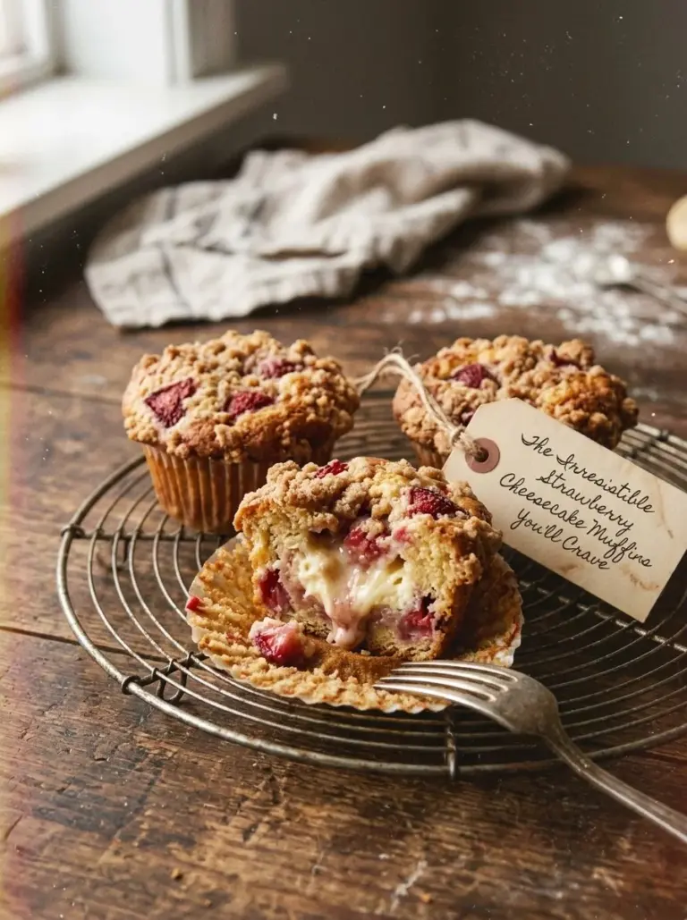 Freshly baked strawberry cheesecake muffins on a white plate