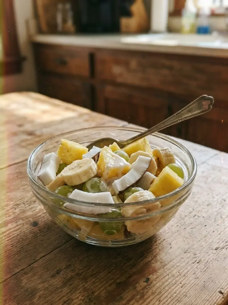 Delicious Pina Colada Fruit Salad with fresh tropical fruits and coconut.