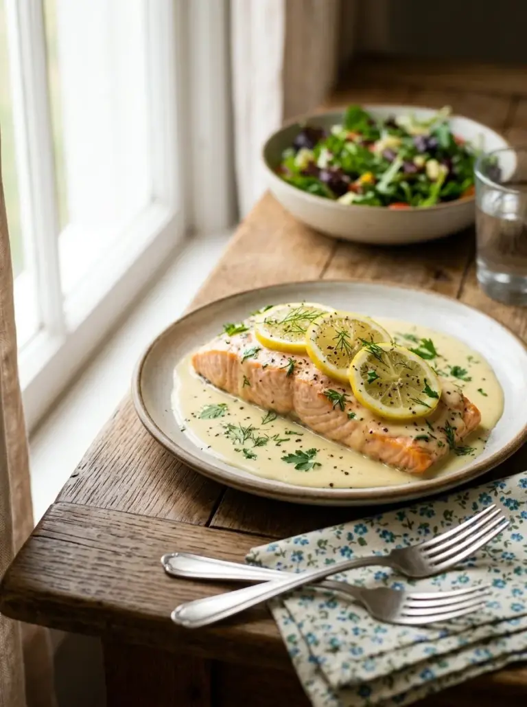 Baked salmon fillet topped with lemon butter cream sauce on a plate.