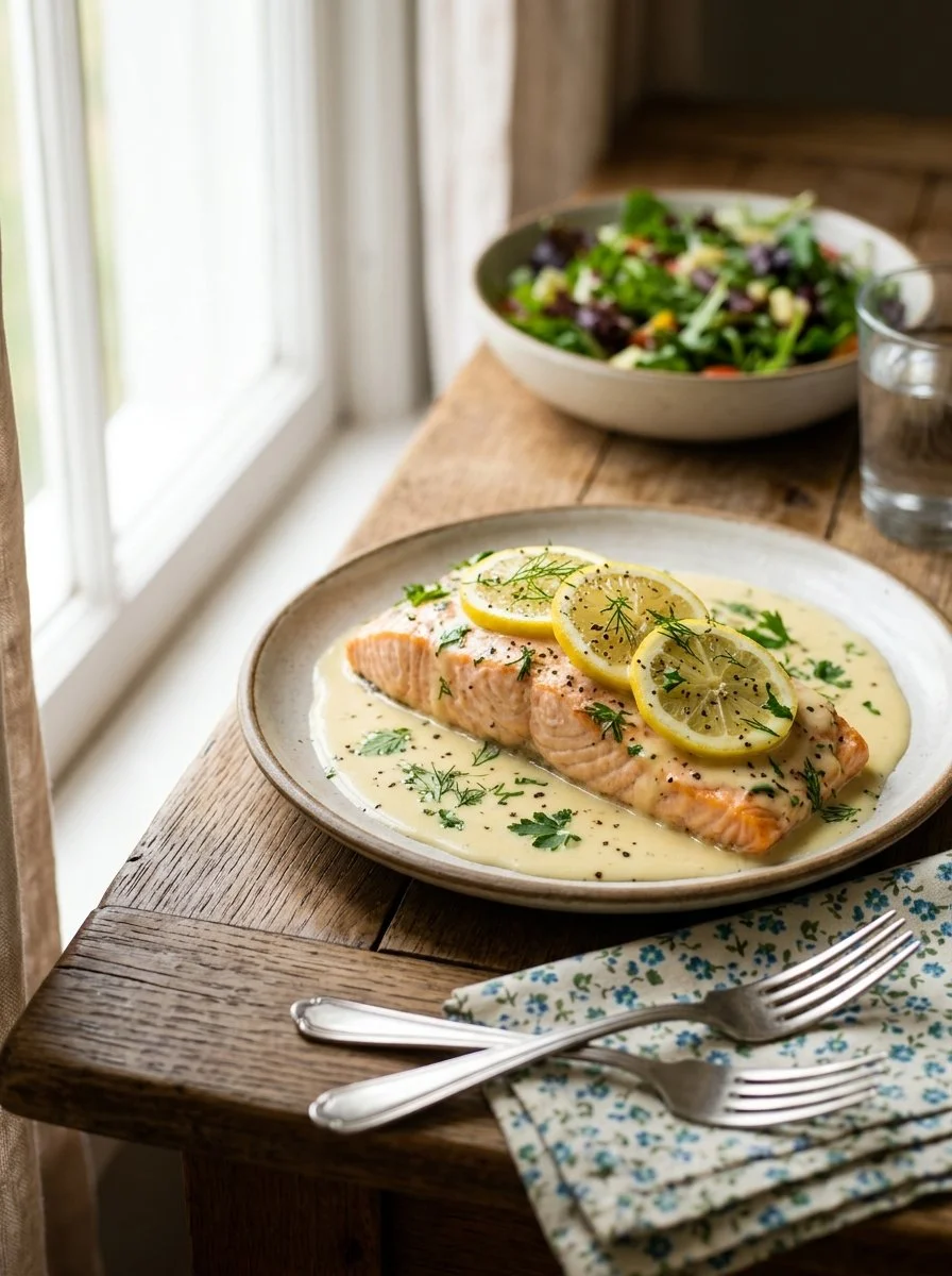 Baked salmon fillet topped with lemon butter cream sauce on a plate.