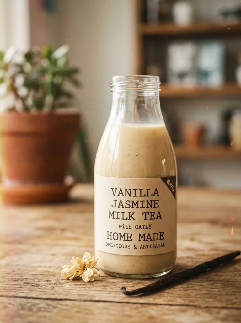 Delicious Vanilla Jasmine Milk Tea served in a glass with floral garnish