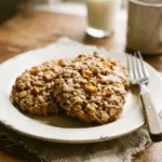 Wholesome peach oatmeal breakfast cookies on a plate, garnished with fresh peaches