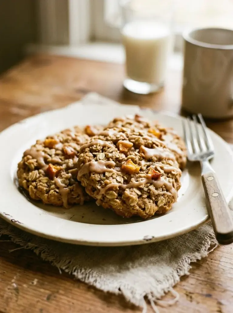 Wholesome peach oatmeal breakfast cookies on a plate, garnished with fresh peaches